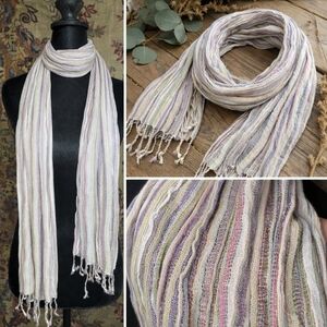 Boho Neutral Stripe Fringe Scarf Lightweight Cream Pastel Wrap